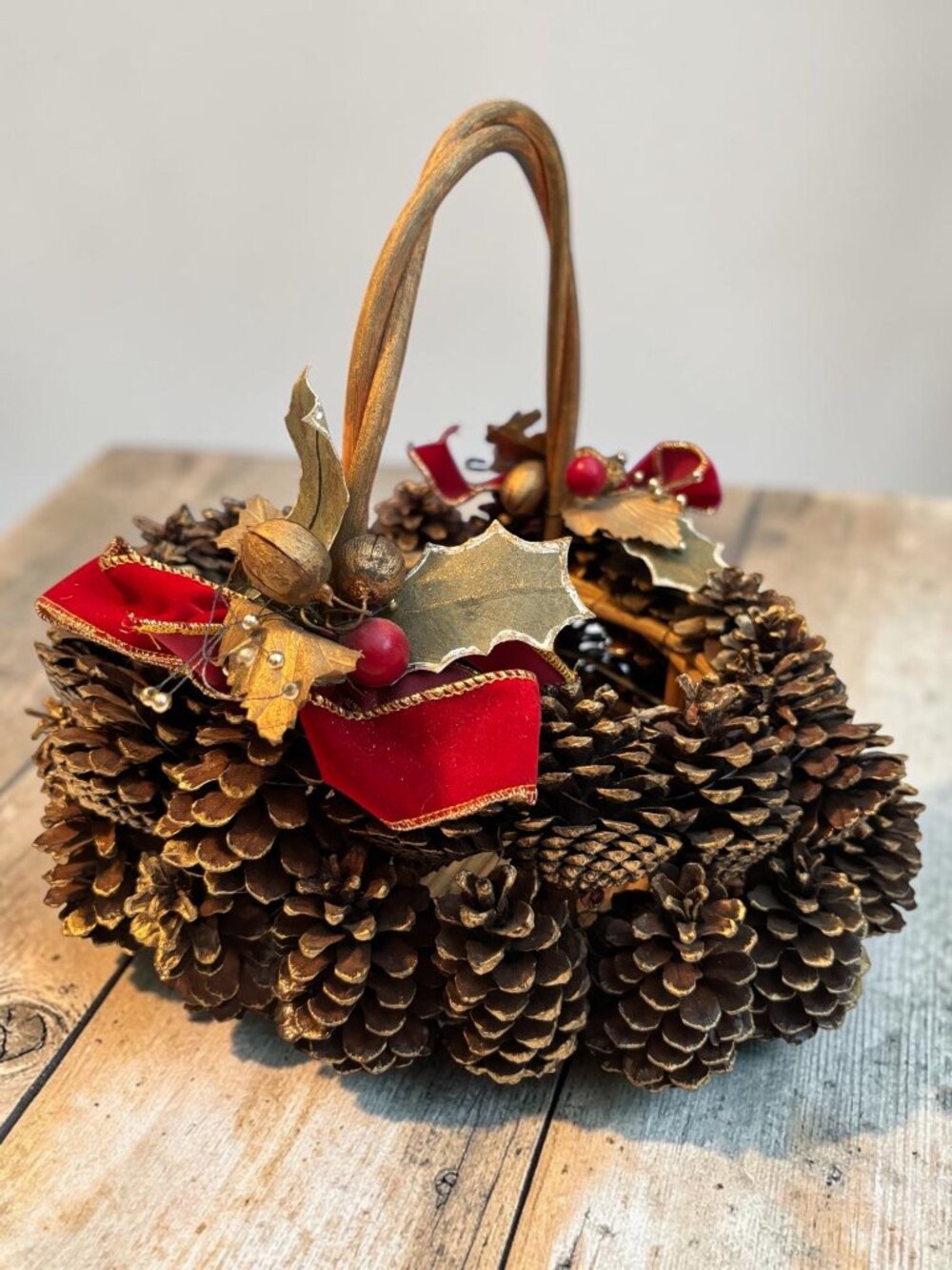 Vintage Pinecone Basket With Red Ribbon & Gold Accents Rustic Christmas Holiday